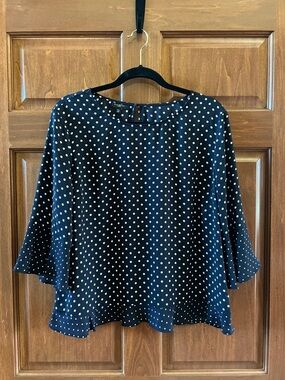 Talbots Blouse with Bell Sleeves Polka Dot Navy Blue and White Size XL Petite